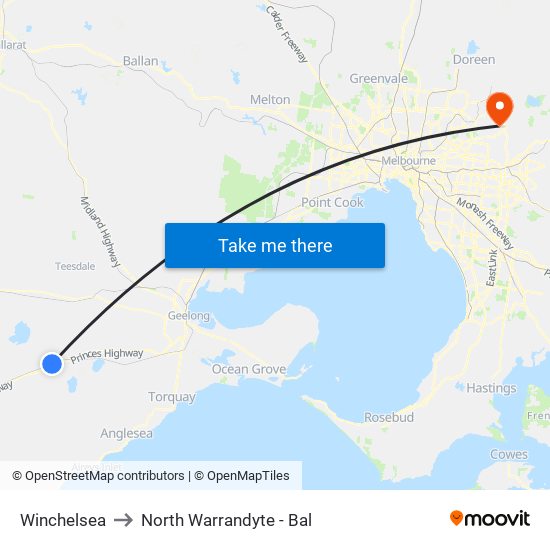 Winchelsea to North Warrandyte - Bal map