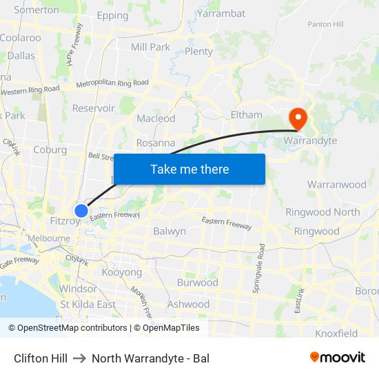 Clifton Hill to North Warrandyte - Bal map