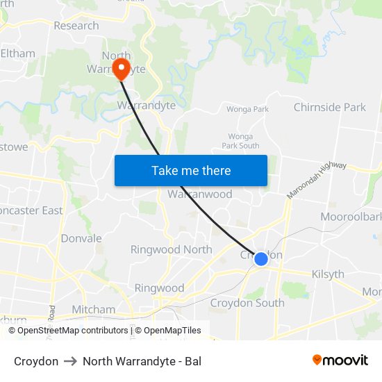 Croydon to North Warrandyte - Bal map