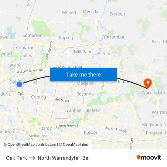 Oak Park to North Warrandyte - Bal map