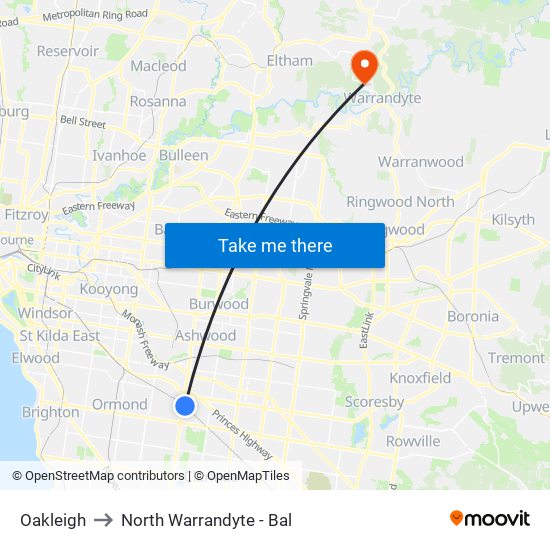 Oakleigh to North Warrandyte - Bal map