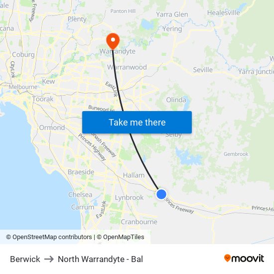 Berwick to North Warrandyte - Bal map