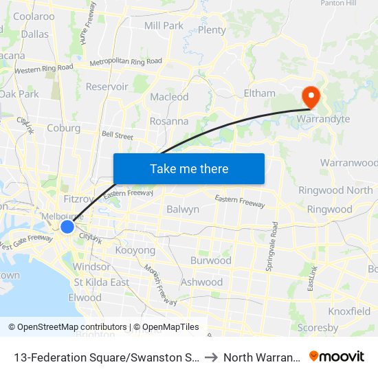 13-Federation Square/Swanston St (Melbourne City) to North Warrandyte - Bal map