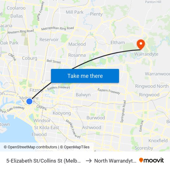 5-Elizabeth St/Collins St (Melbourne City) to North Warrandyte - Bal map