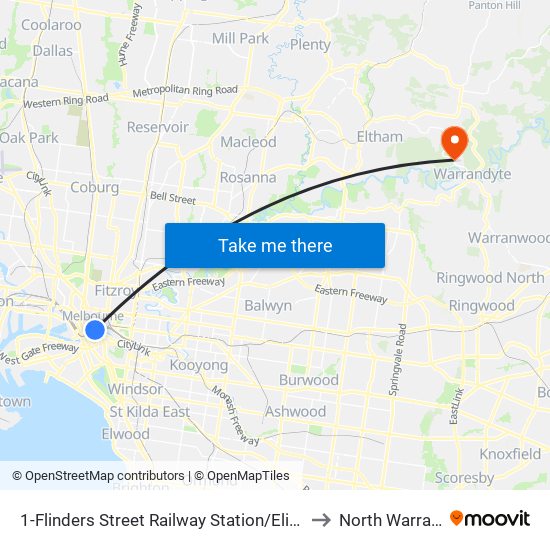 1-Flinders Street Railway Station/Elizabeth St (Melbourne City) to North Warrandyte - Bal map