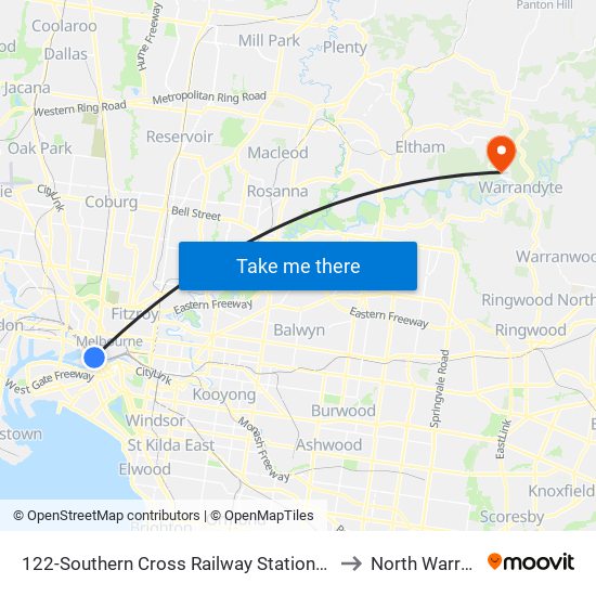 122-Southern Cross Railway Station/Spencer St (Melbourne City) to North Warrandyte - Bal map