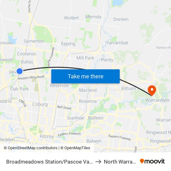 Broadmeadows Station/Pascoe Vale Rd (Broadmeadows) to North Warrandyte - Bal map