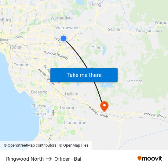 Ringwood North to Officer - Bal map