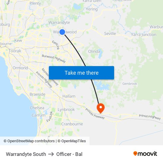 Warrandyte South to Officer - Bal map