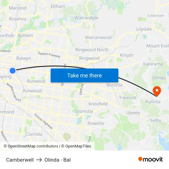 Camberwell to Olinda - Bal map