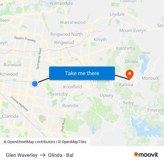 Glen Waverley to Olinda - Bal map