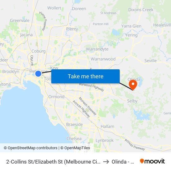 2-Collins St/Elizabeth St (Melbourne City) to Olinda - Bal map
