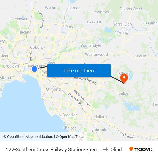 122-Southern Cross Railway Station/Spencer St (Melbourne City) to Olinda - Bal map