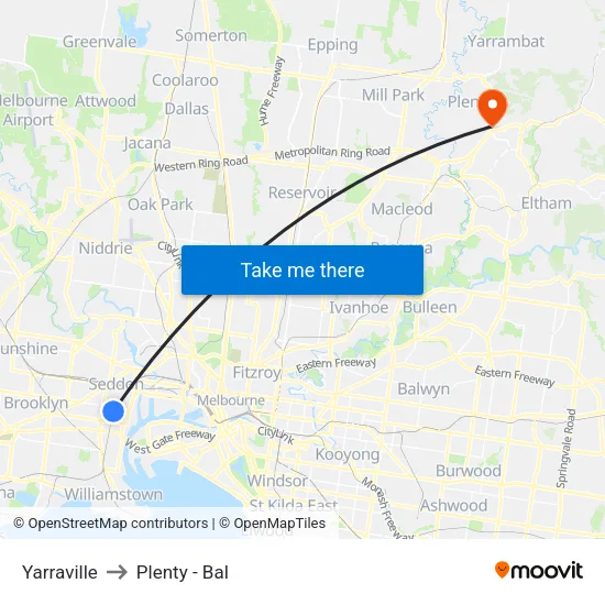 Yarraville to Plenty - Bal map
