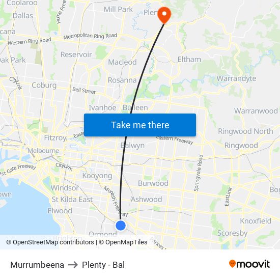 Murrumbeena to Plenty - Bal map