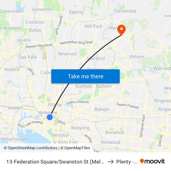 13-Federation Square/Swanston St (Melbourne City) to Plenty - Bal map