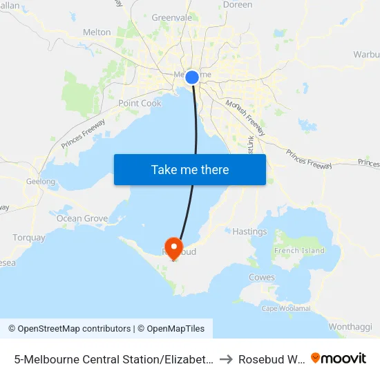 Melbourne Central Station/Elizabeth St #5 to Rosebud West - Bal map