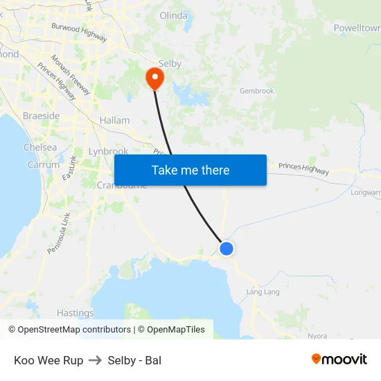 Koo Wee Rup to Selby - Bal map