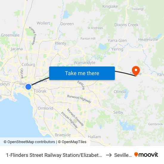 1-Flinders Street Railway Station/Elizabeth St (Melbourne City) to Seville - Bal map