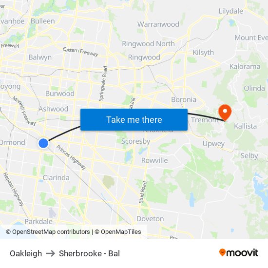 Oakleigh to Sherbrooke - Bal map