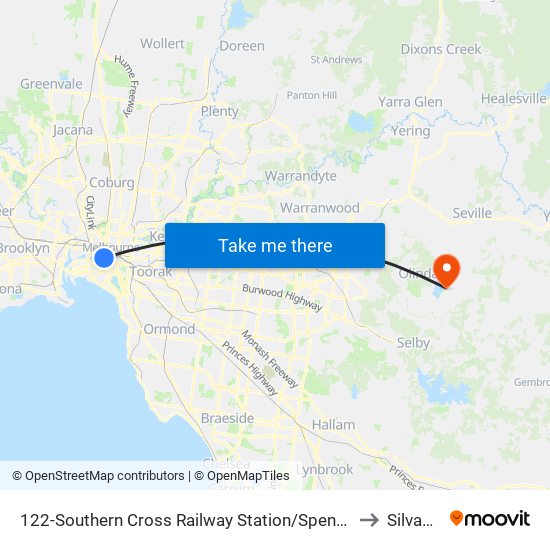 122-Southern Cross Railway Station/Spencer St (Melbourne City) to Silvan - Bal map