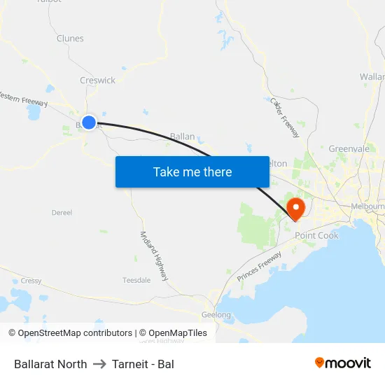 Ballarat North to Tarneit - Bal map