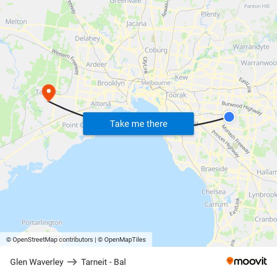 Glen Waverley to Tarneit - Bal map