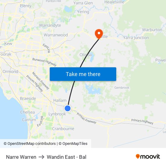 Narre Warren to Wandin East - Bal map