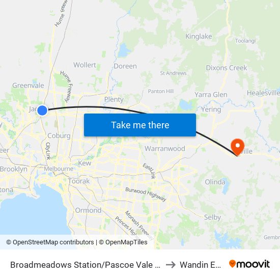 Broadmeadows Station/Pascoe Vale Rd (Broadmeadows) to Wandin East - Bal map