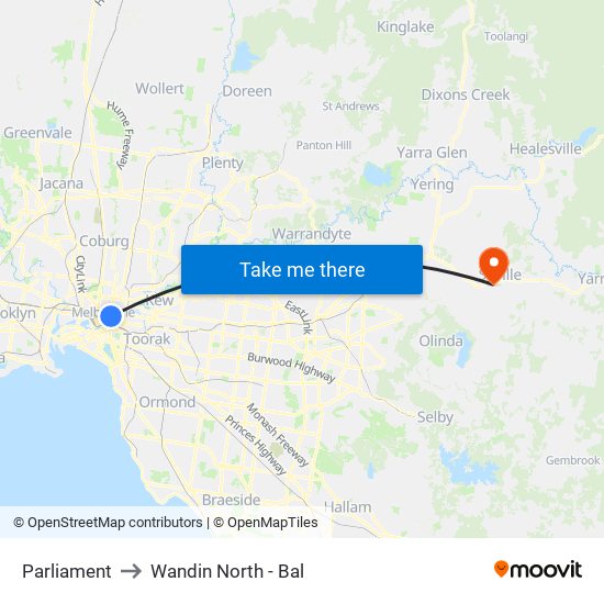 Parliament to Wandin North - Bal map
