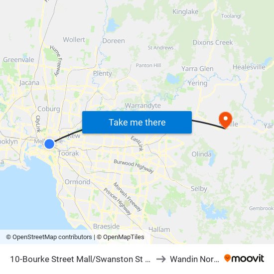 10-Bourke Street Mall/Swanston St (Melbourne City) to Wandin North - Bal map