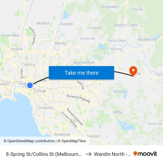 8-Spring St/Collins St (Melbourne City) to Wandin North - Bal map