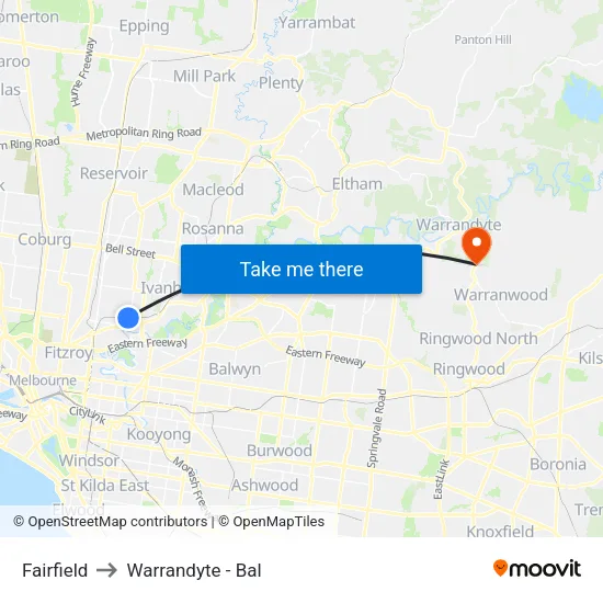 Fairfield to Warrandyte - Bal map