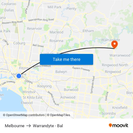 Melbourne to Warrandyte - Bal map