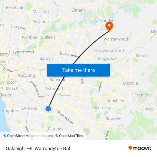 Oakleigh to Warrandyte - Bal map