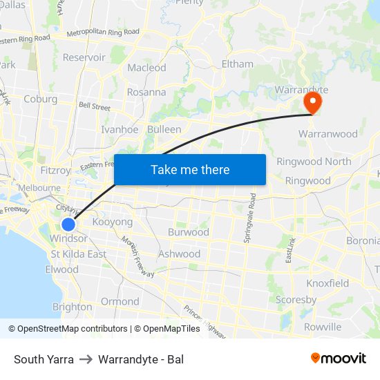 South Yarra to Warrandyte - Bal map