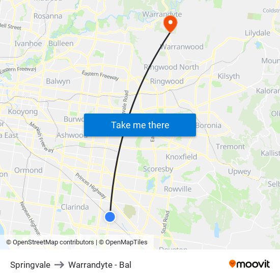 Springvale to Warrandyte - Bal map