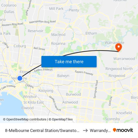 8-Melbourne Central Station/Swanston St (Melbourne City) to Warrandyte - Bal map