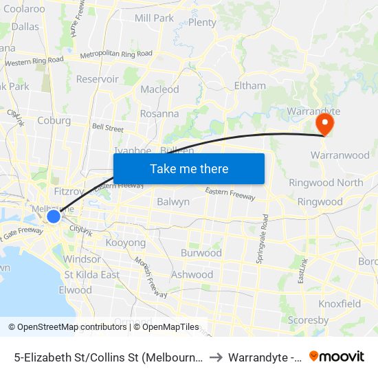 5-Elizabeth St/Collins St (Melbourne City) to Warrandyte - Bal map