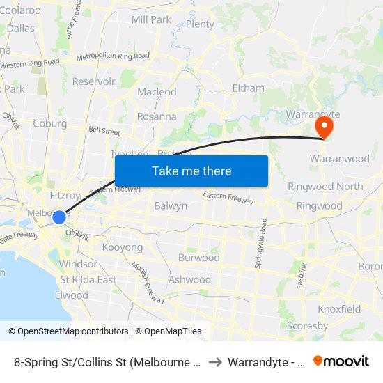 8-Spring St/Collins St (Melbourne City) to Warrandyte - Bal map