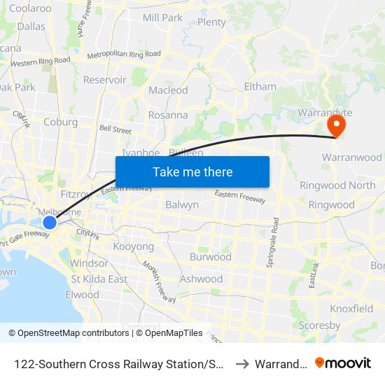 122-Southern Cross Railway Station/Spencer St (Melbourne City) to Warrandyte - Bal map