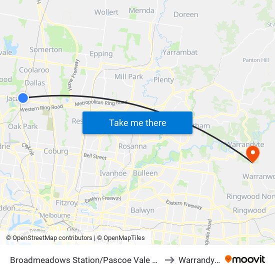 Broadmeadows Station/Pascoe Vale Rd (Broadmeadows) to Warrandyte - Bal map