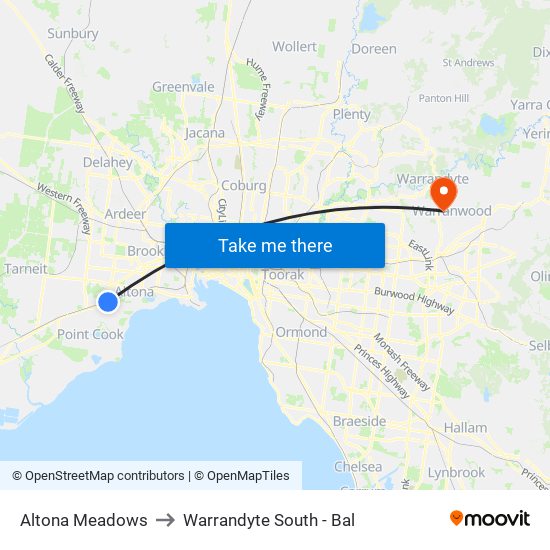 Altona Meadows to Warrandyte South - Bal map