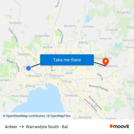 Ardeer to Warrandyte South - Bal map