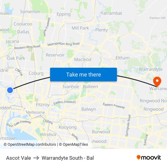 Ascot Vale to Warrandyte South - Bal map