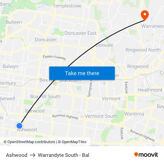 Ashwood to Warrandyte South - Bal map