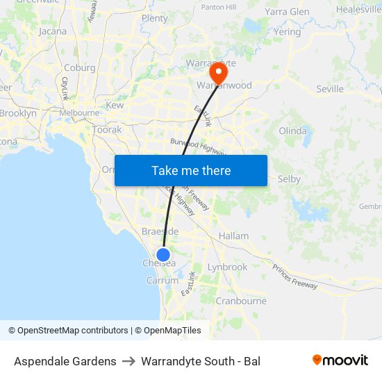 Aspendale Gardens to Warrandyte South - Bal map