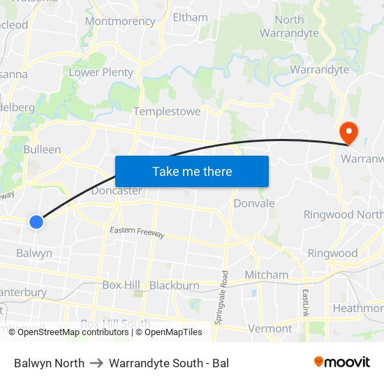 Balwyn North to Warrandyte South - Bal map