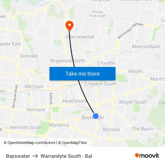 Bayswater to Warrandyte South - Bal map