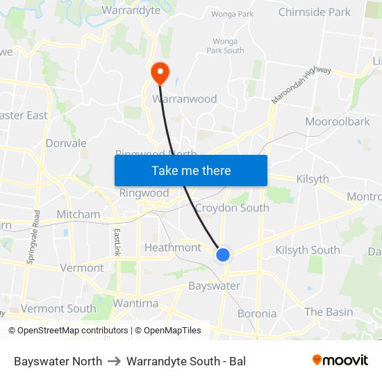 Bayswater North to Warrandyte South - Bal map